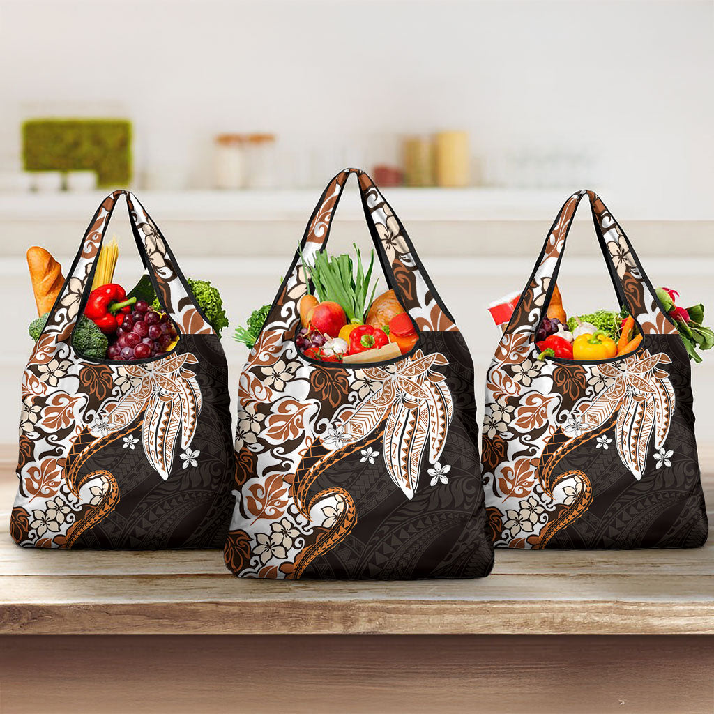 Monstera Plumeria Flowers Orange Grocery Bag Polynesian Pattern
