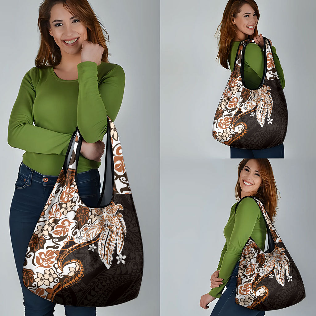 Monstera Plumeria Flowers Orange Grocery Bag Polynesian Pattern
