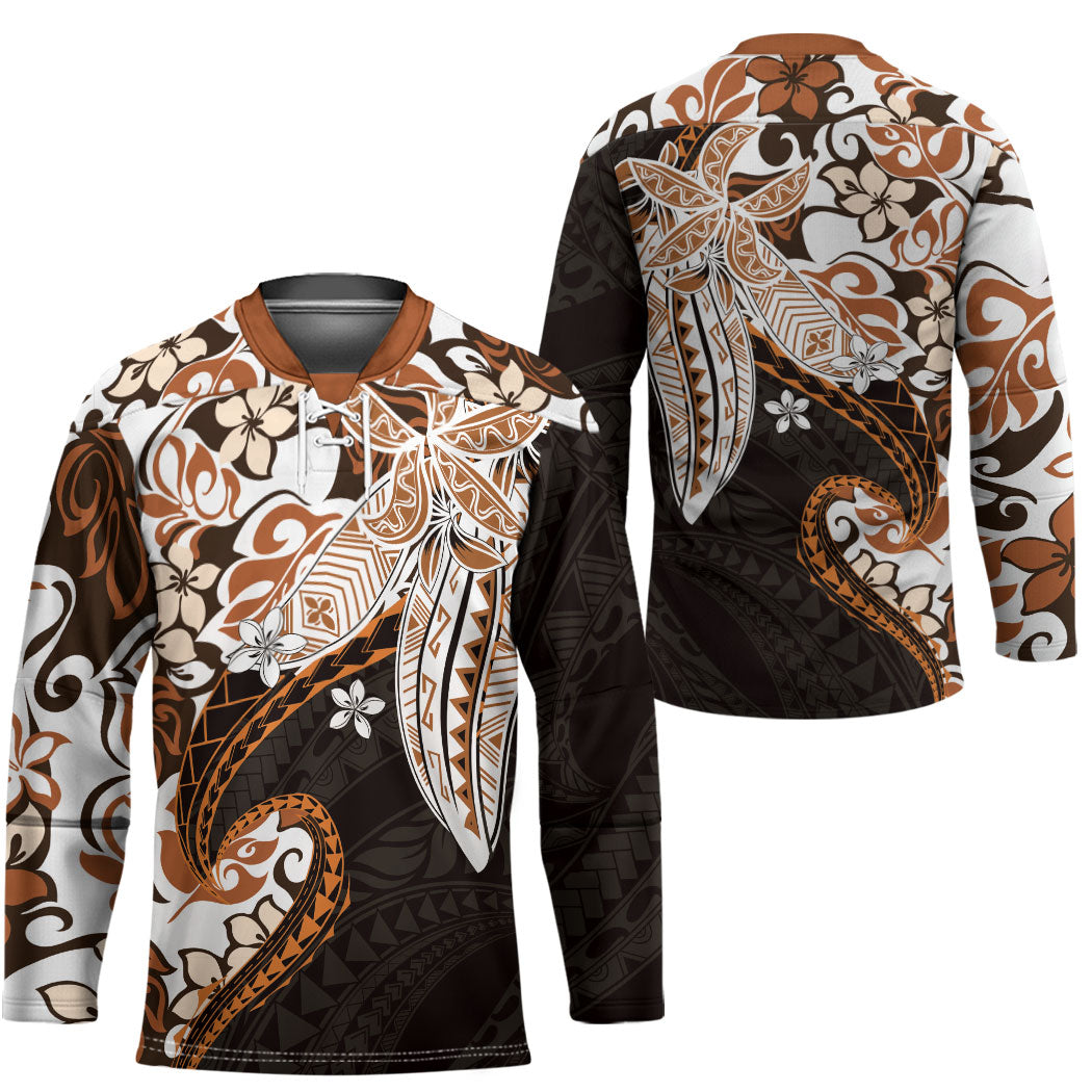 Monstera Plumeria Flowers Orange Hockey Jersey Polynesian Pattern