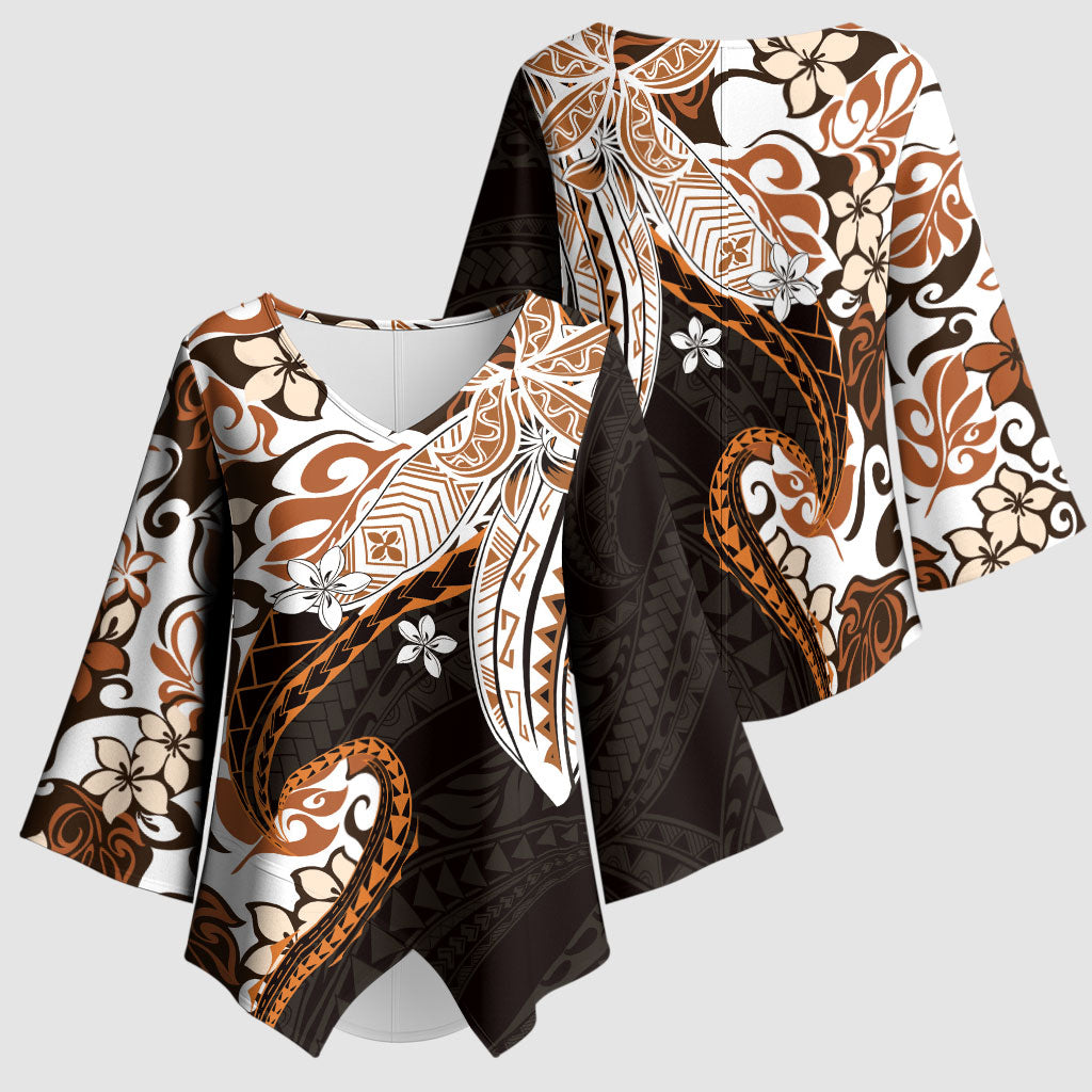 Monstera Plumeria Flowers Orange Kimono Sleeve Blouse Polynesian Pattern