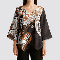 Monstera Plumeria Flowers Orange Kimono Sleeve Blouse Polynesian Pattern