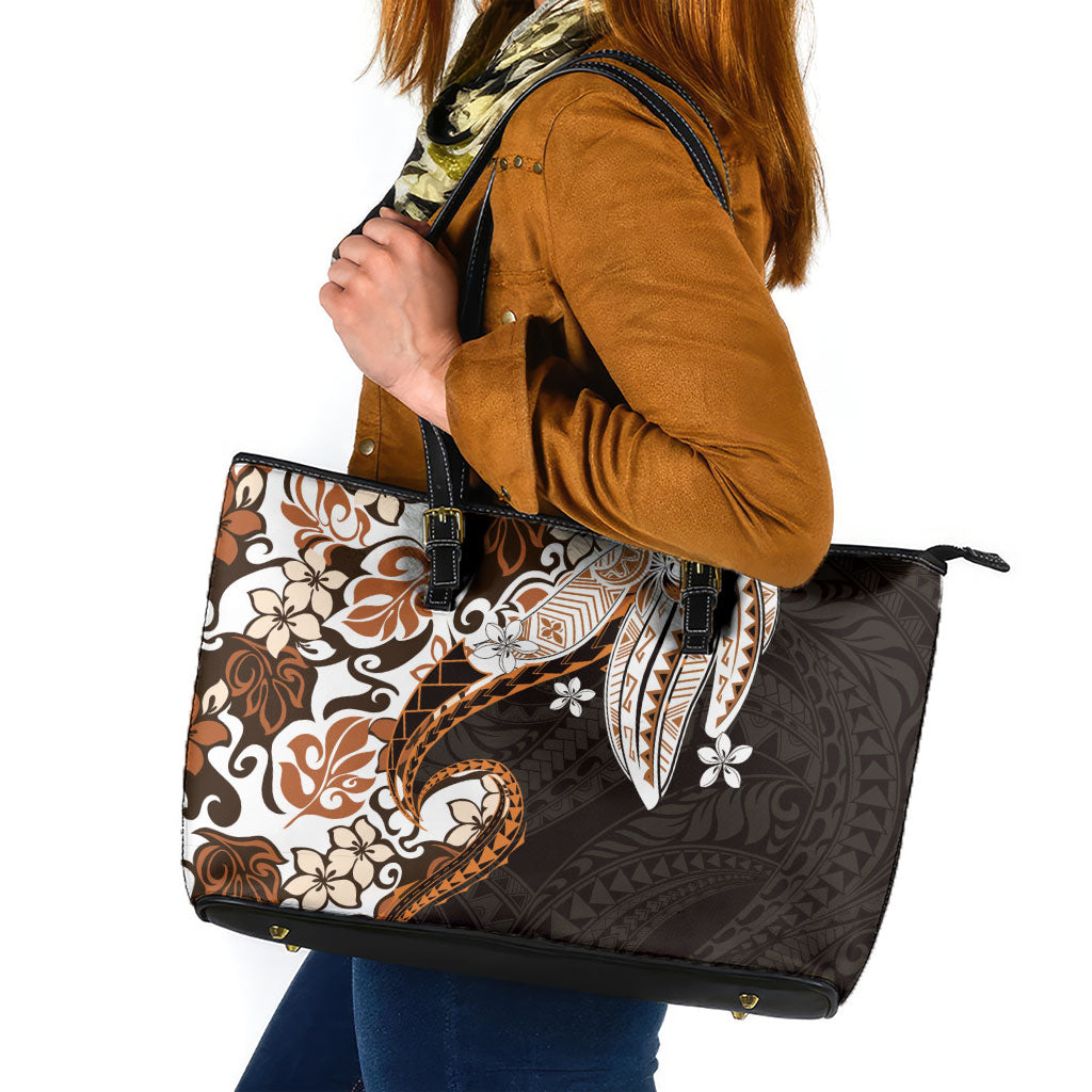 Monstera Plumeria Flowers Orange Leather Tote Bag Polynesian Pattern LT01 Orange - Polynesian Pride