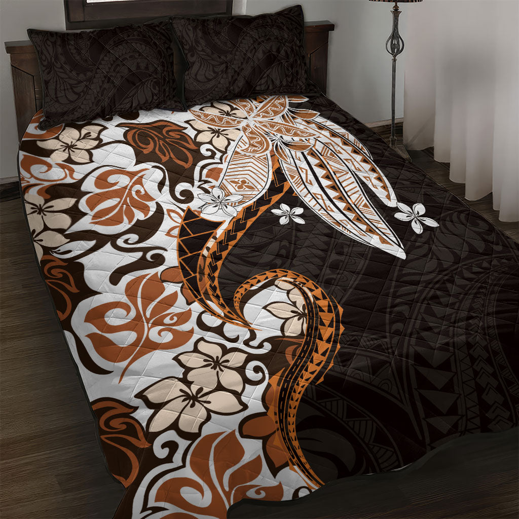 Monstera Plumeria Flowers Orange Quilt Bed Set Polynesian Pattern