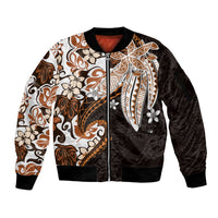 Monstera Plumeria Flowers Orange Sleeve Zip Bomber Jacket Polynesian Pattern