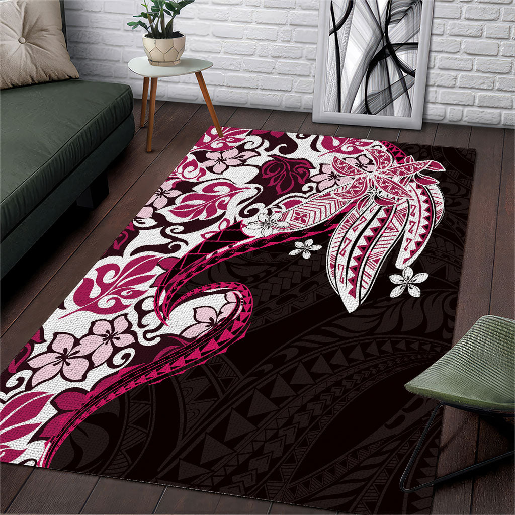 Monstera Plumeria Flowers Pink Area Rug Polynesian Pattern