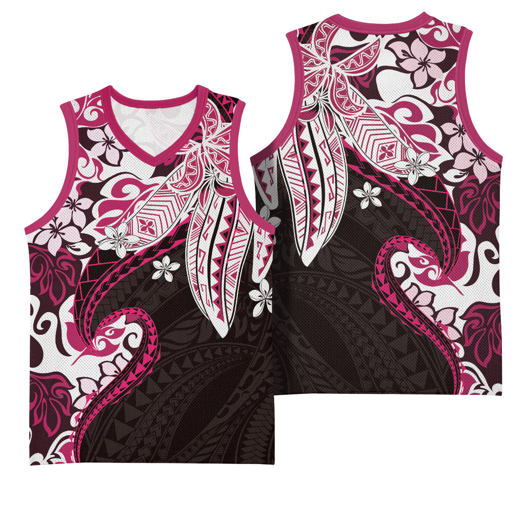 Monstera Plumeria Flowers Pink Basketball Jersey Polynesian Pattern