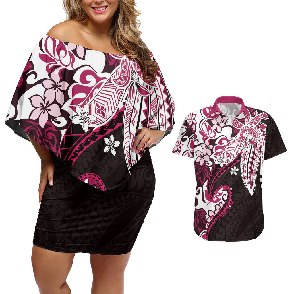 Monstera Plumeria Flowers Pink Couples Matching Off Shoulder Short Dress and Hawaiian Shirt Polynesian Pattern LT01 Pink - Polynesian Pride