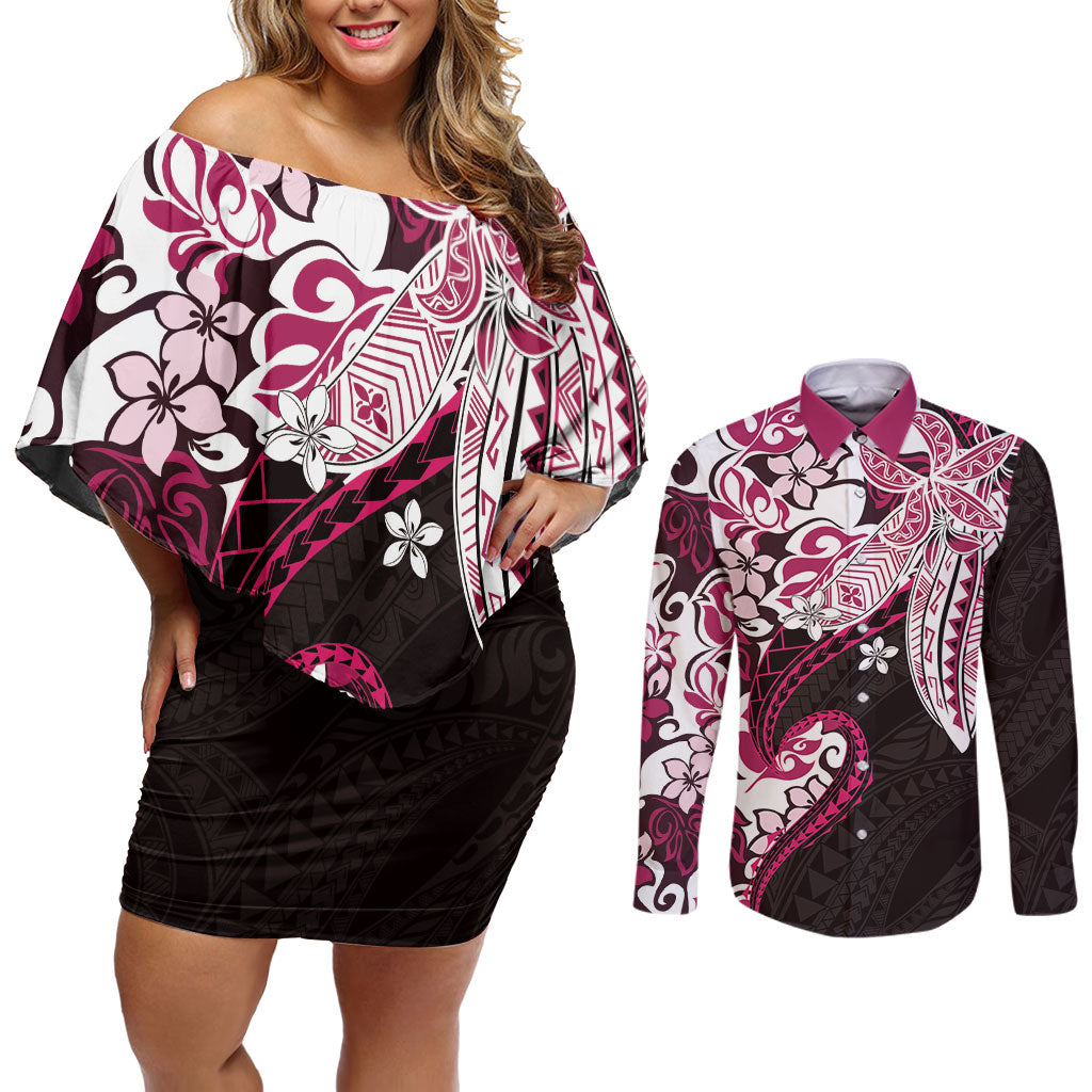 Monstera Plumeria Flowers Pink Couples Matching Off Shoulder Short Dress and Long Sleeve Button Shirt Polynesian Pattern LT01 Pink - Polynesian Pride