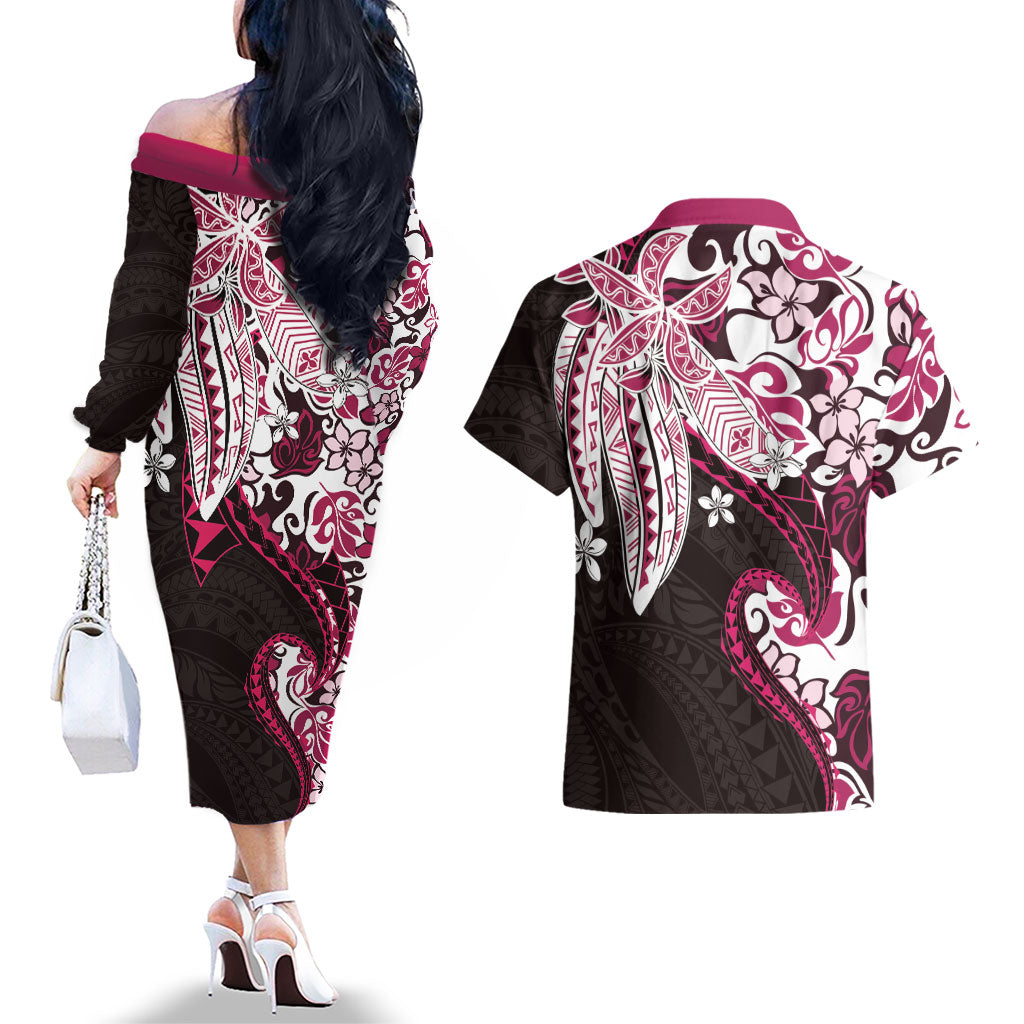 Monstera Plumeria Flowers Pink Couples Matching Off The Shoulder Long Sleeve Dress and Hawaiian Shirt Polynesian Pattern