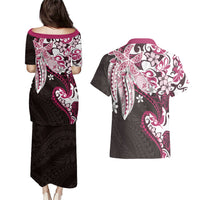 Monstera Plumeria Flowers Pink Couples Matching Puletasi and Hawaiian Shirt Polynesian Pattern LT01 - Polynesian Pride