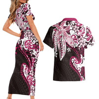 Monstera Plumeria Flowers Pink Couples Matching Short Sleeve Bodycon Dress and Hawaiian Shirt Polynesian Pattern