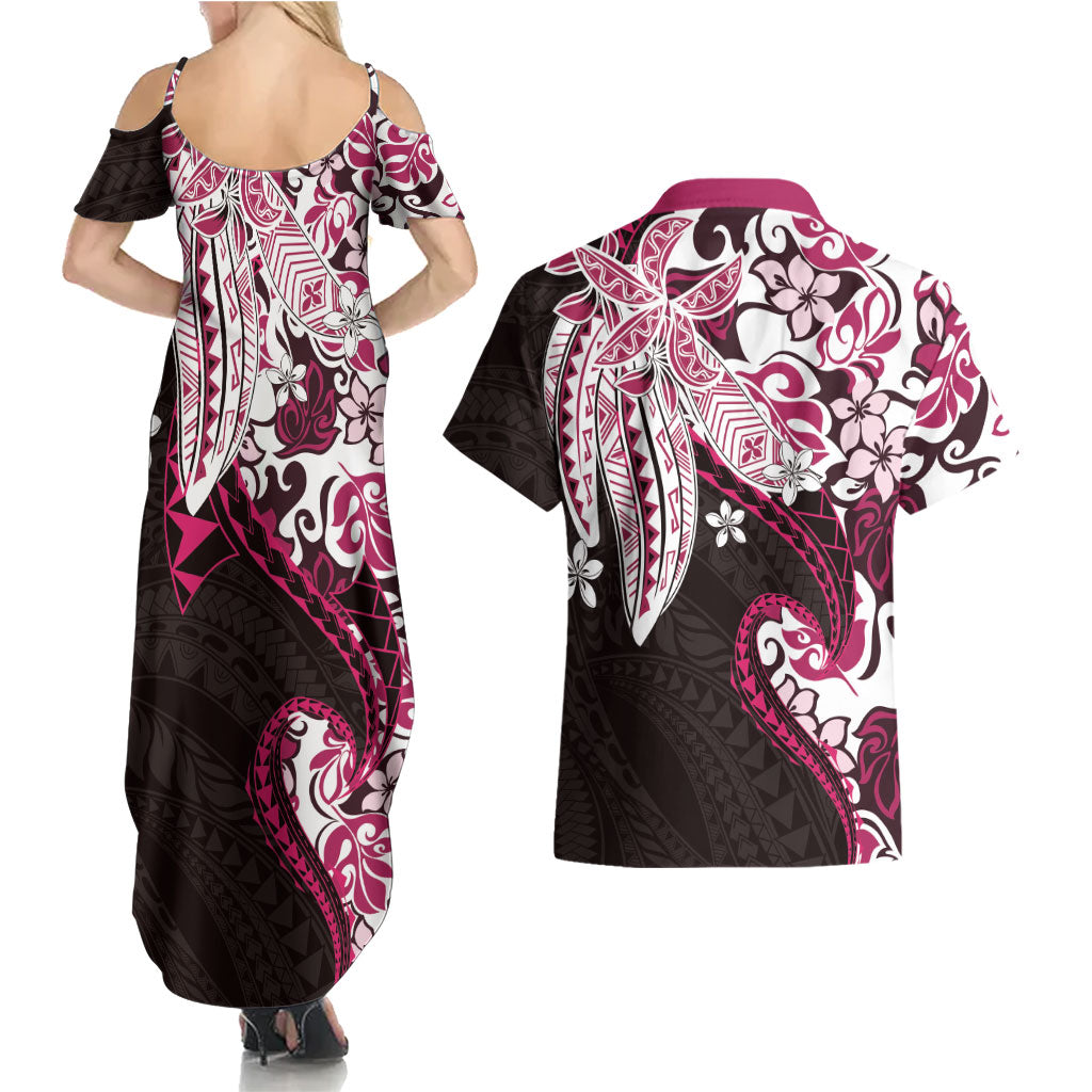 Monstera Plumeria Flowers Pink Couples Matching Summer Maxi Dress and Hawaiian Shirt Polynesian Pattern LT01 - Polynesian Pride