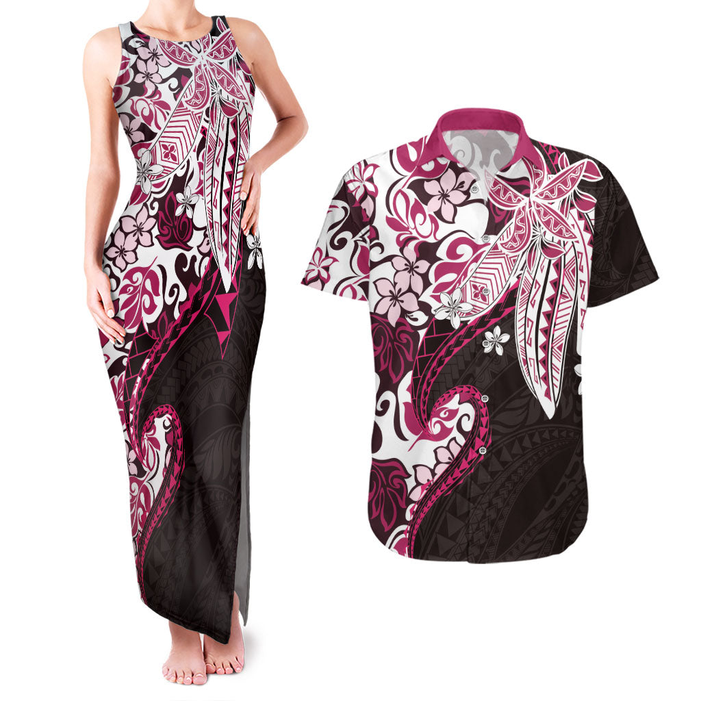 Monstera Plumeria Flowers Pink Couples Matching Tank Maxi Dress and Hawaiian Shirt Polynesian Pattern LT01 Pink - Polynesian Pride