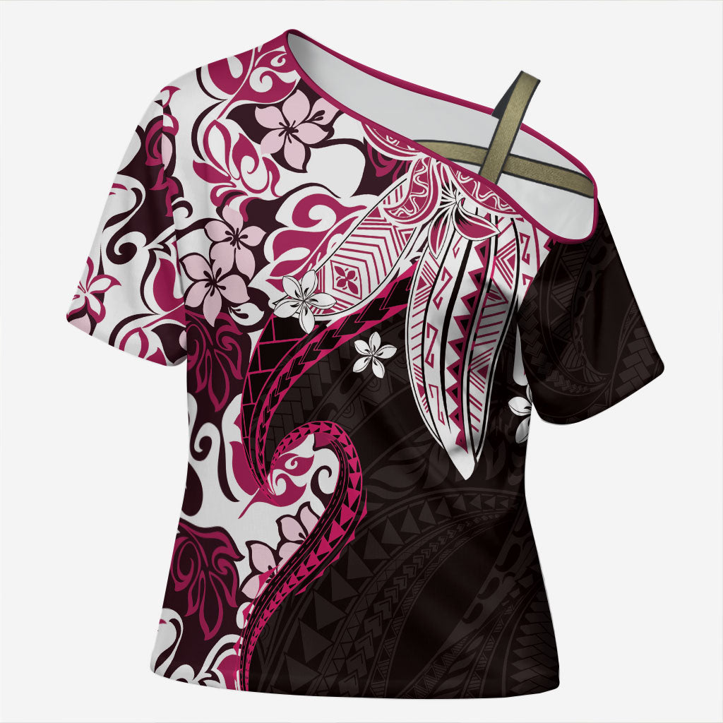 Monstera Plumeria Flowers Pink Cross Shoulder Shirt Polynesian Pattern LT01 Female Pink - Polynesian Pride