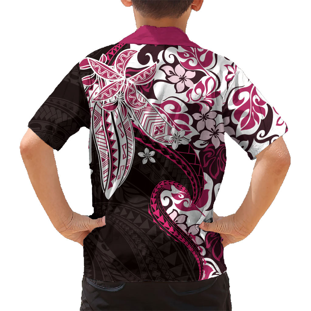Monstera Plumeria Flowers Pink Family Matching Long Sleeve Bodycon Dress and Hawaiian Shirt Polynesian Pattern