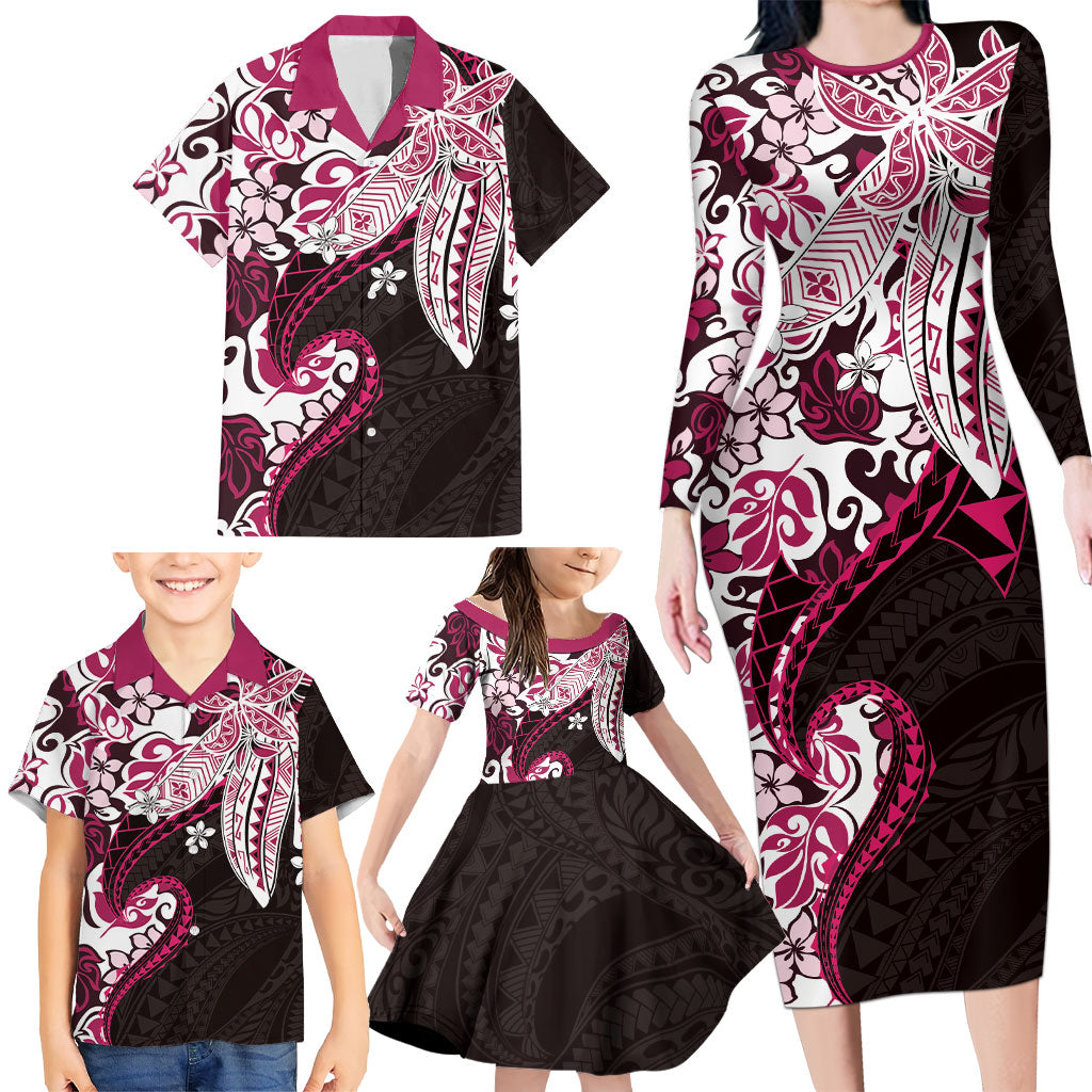 Monstera Plumeria Flowers Pink Family Matching Long Sleeve Bodycon Dress and Hawaiian Shirt Polynesian Pattern