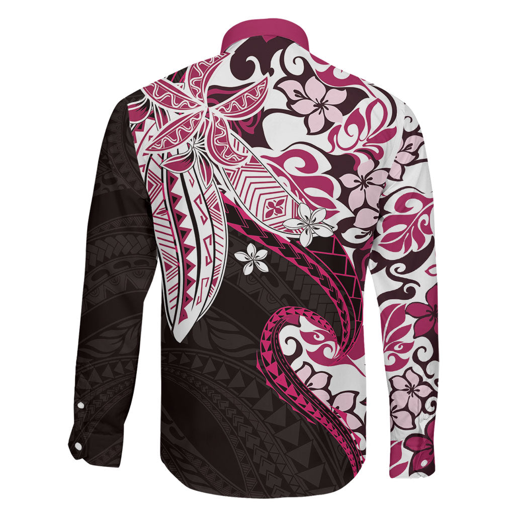 Monstera Plumeria Flowers Pink Family Matching Long Sleeve Bodycon Dress and Hawaiian Shirt Polynesian Pattern