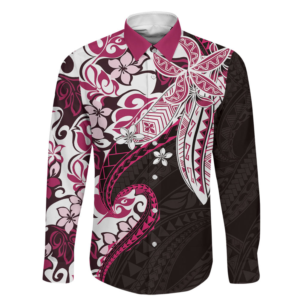 Monstera Plumeria Flowers Pink Family Matching Off The Shoulder Long Sleeve Dress and Hawaiian Shirt Polynesian Pattern
