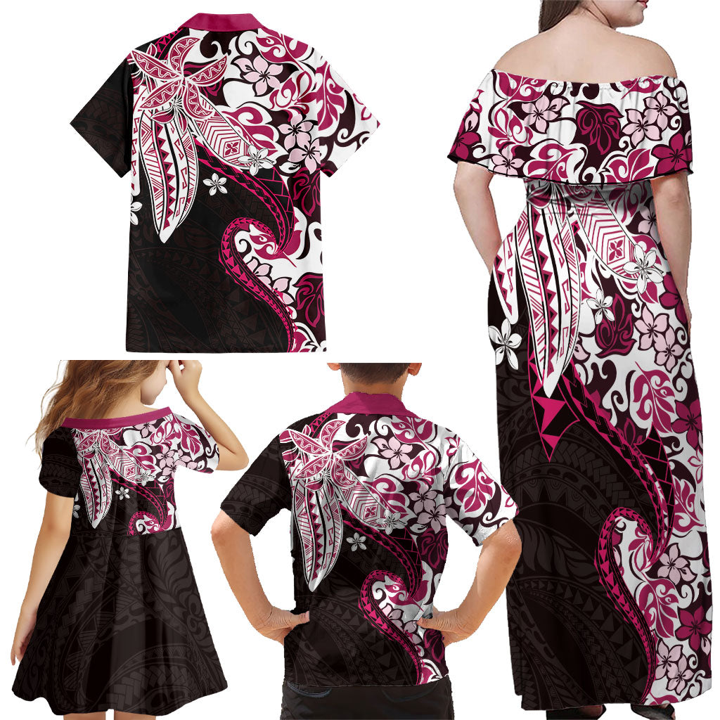 Monstera Plumeria Flowers Pink Family Matching Off Shoulder Maxi Dress and Hawaiian Shirt Polynesian Pattern