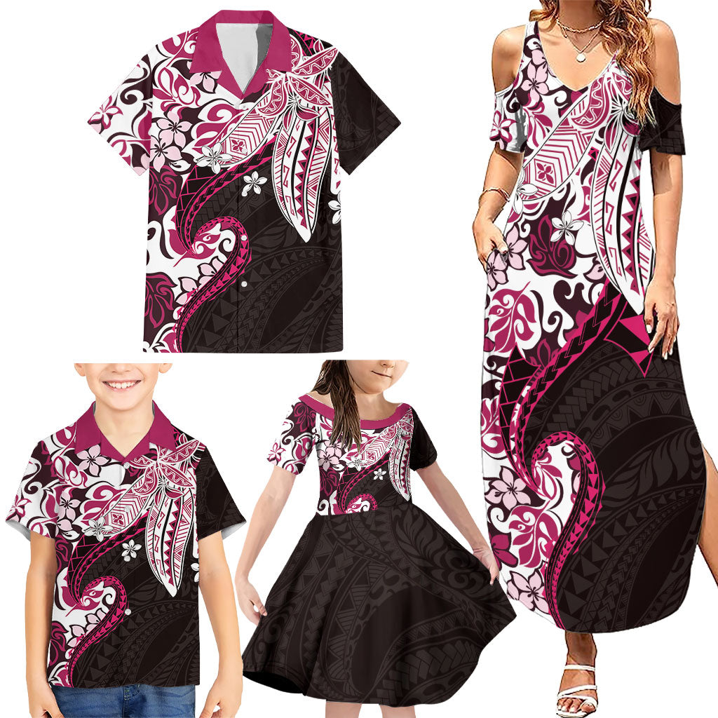 Monstera Plumeria Flowers Pink Family Matching Summer Maxi Dress and Hawaiian Shirt Polynesian Pattern