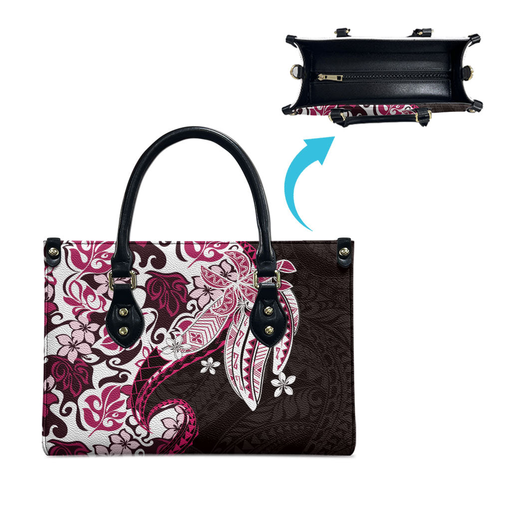 Monstera Plumeria Flowers Pink Leather Bag Polynesian Pattern