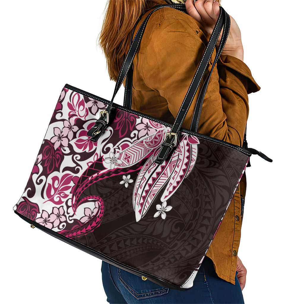 Monstera Plumeria Flowers Pink Leather Tote Bag Polynesian Pattern LT01 - Polynesian Pride