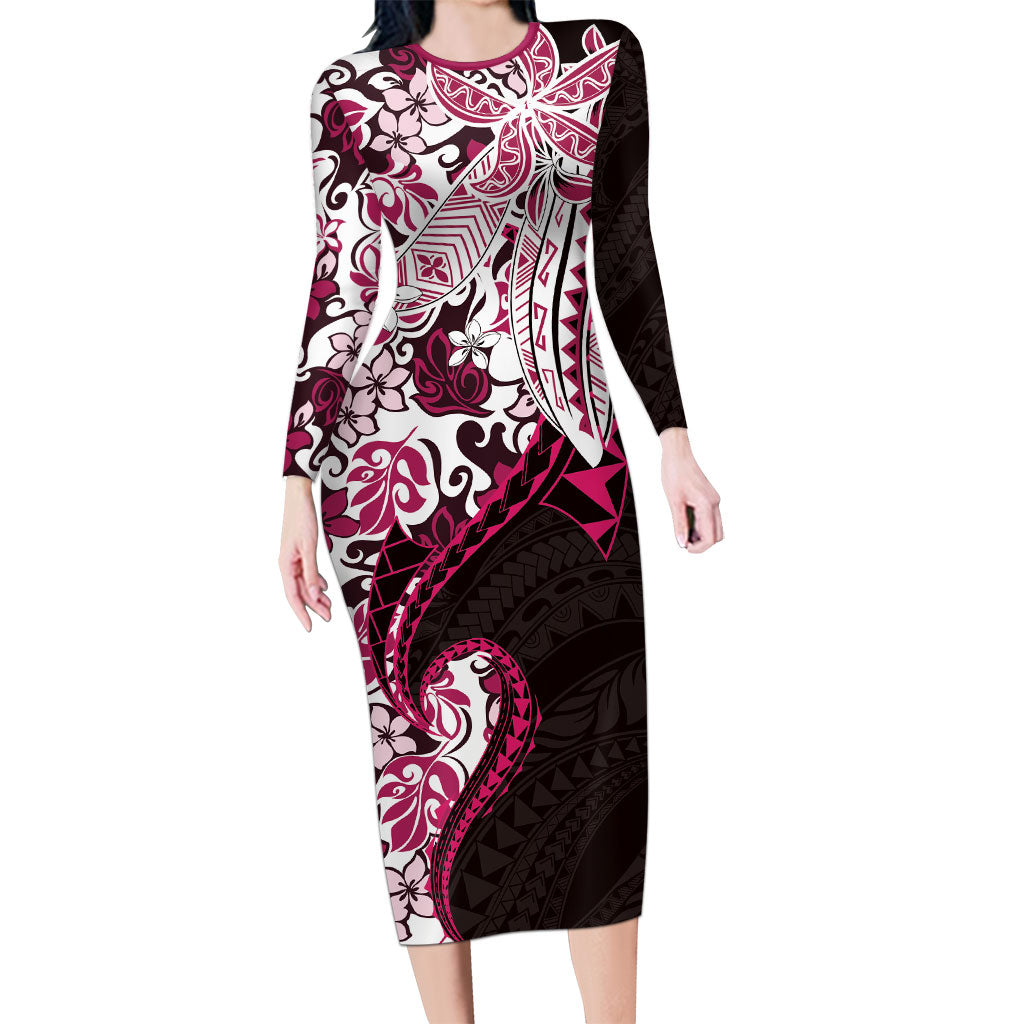 Monstera Plumeria Flowers Pink Long Sleeve Bodycon Dress Polynesian Pattern LT01 Long Dress Pink - Polynesian Pride