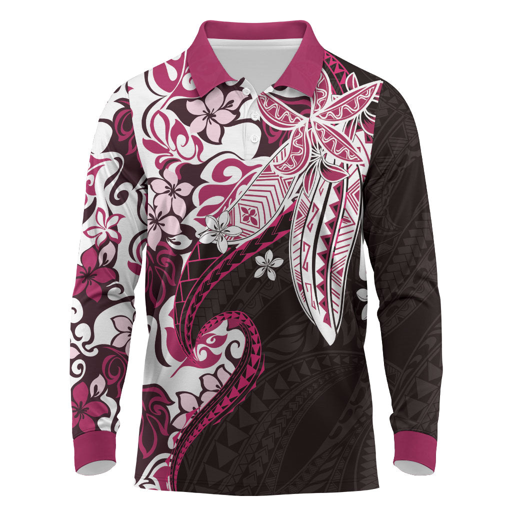 Monstera Plumeria Flowers Pink Long Sleeve Polo Shirt Polynesian Pattern LT01 Pink - Polynesian Pride