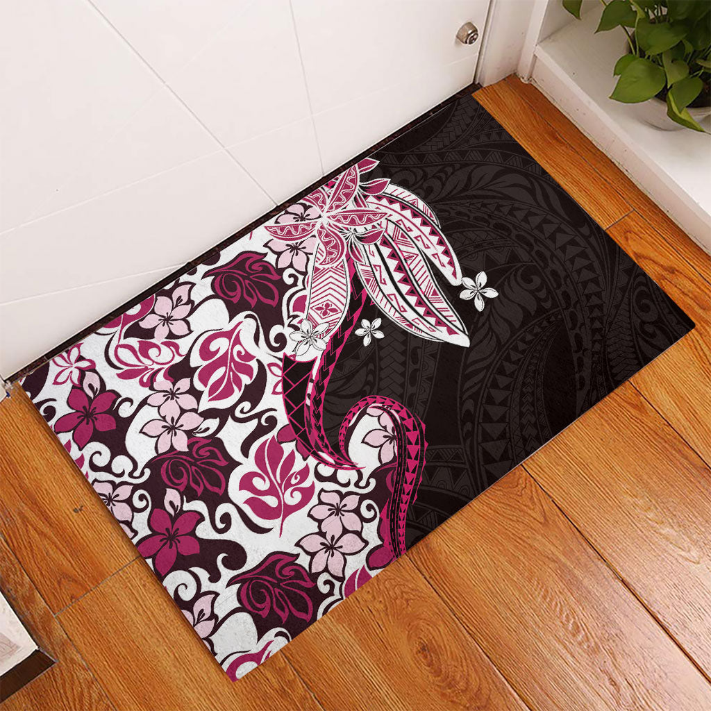 Monstera Plumeria Flowers Pink Rubber Doormat Polynesian Pattern