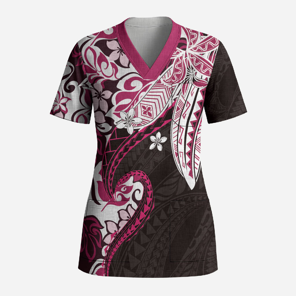 Monstera Plumeria Flowers Pink Scrub Top Polynesian Pattern LT01 Adult Pink - Polynesian Pride