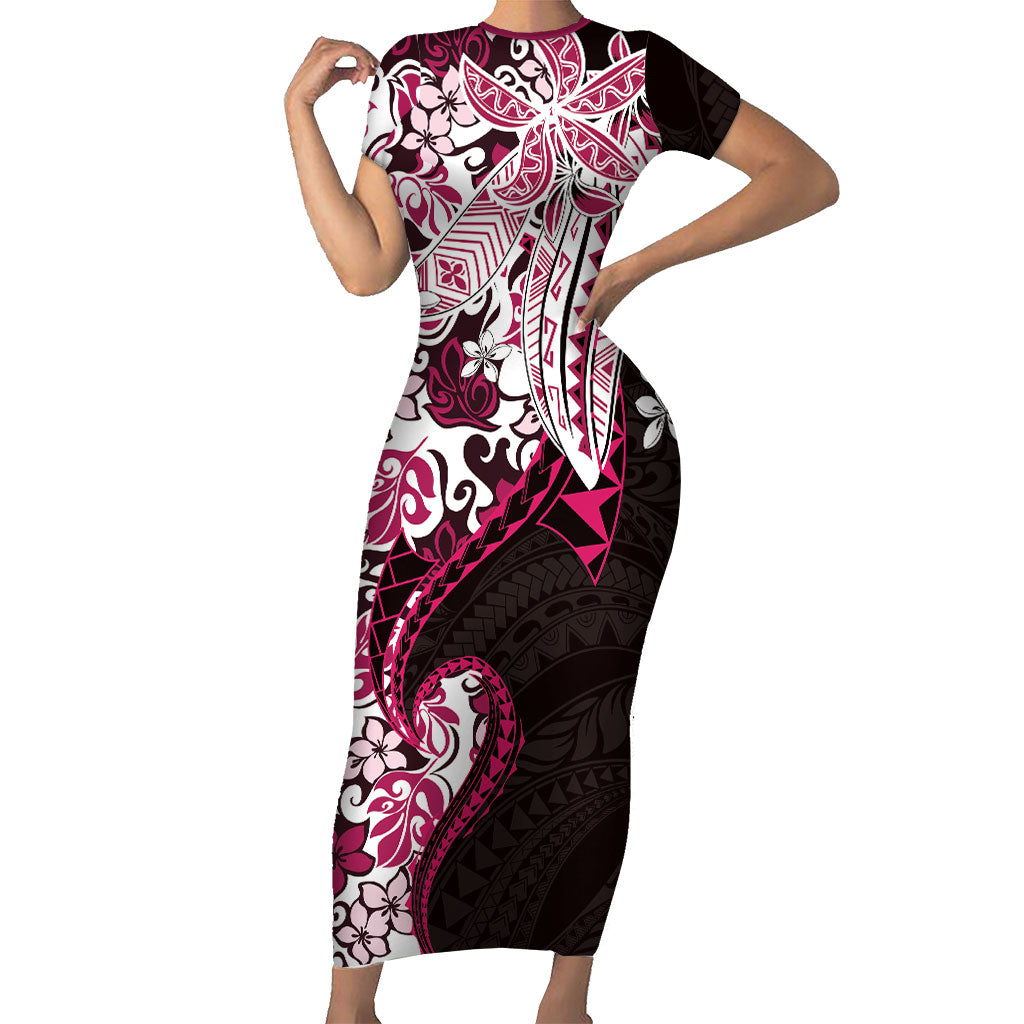 Monstera Plumeria Flowers Pink Short Sleeve Bodycon Dress Polynesian Pattern
