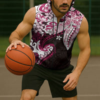 Monstera Plumeria Flowers Pink Sleeveless Zip Hoodie Polynesian Pattern