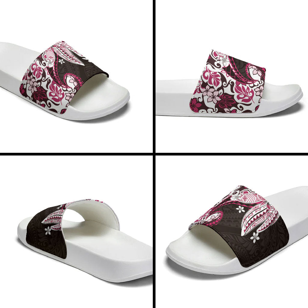 Monstera Plumeria Flowers Pink Slide Sandals Polynesian Pattern
