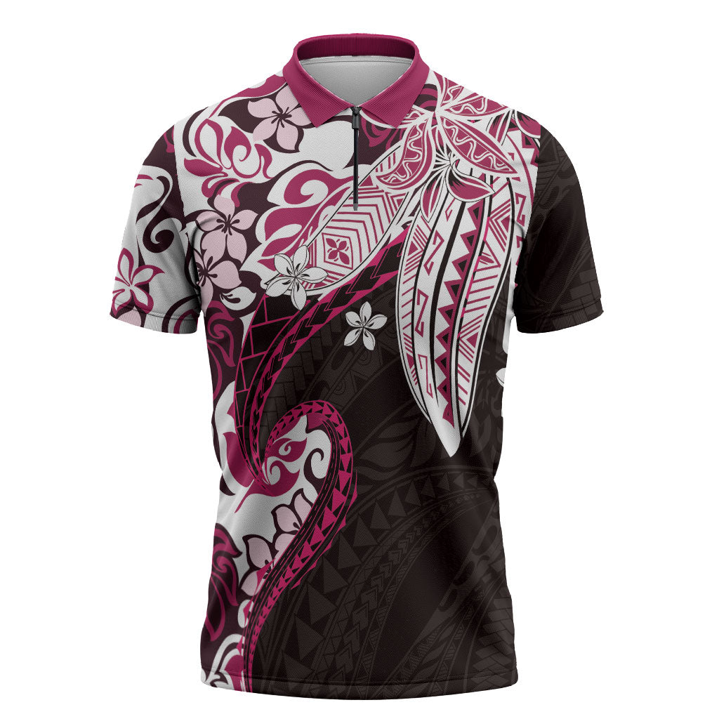 Monstera Plumeria Flowers Pink Zipper Polo Shirt Polynesian Pattern