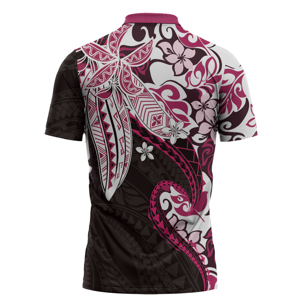 Monstera Plumeria Flowers Pink Zipper Polo Shirt Polynesian Pattern