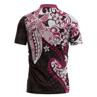 Monstera Plumeria Flowers Pink Zipper Polo Shirt Polynesian Pattern