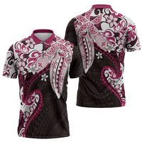 Monstera Plumeria Flowers Pink Zipper Polo Shirt Polynesian Pattern