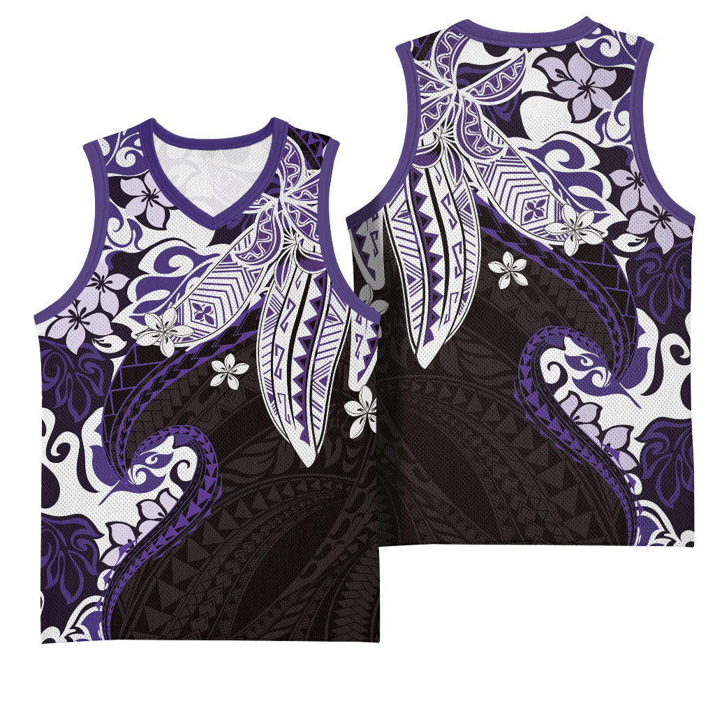 Monstera Plumeria Flowers Purple Basketball Jersey Polynesian Pattern