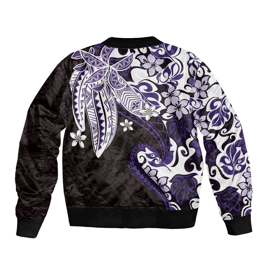 Monstera Plumeria Flowers Purple Bomber Jacket Polynesian Pattern