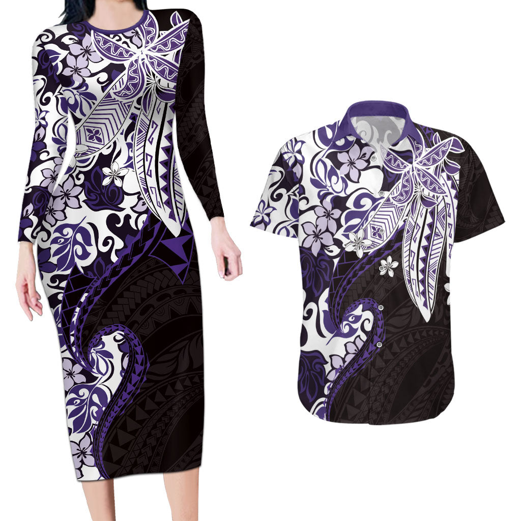 Monstera Plumeria Flowers Purple Couples Matching Long Sleeve Bodycon Dress and Hawaiian Shirt Polynesian Pattern LT01 Purple - Polynesian Pride