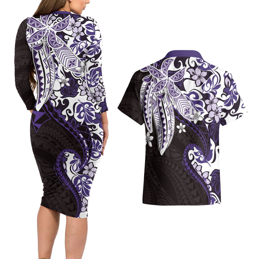 Monstera Plumeria Flowers Purple Couples Matching Long Sleeve Bodycon Dress and Hawaiian Shirt Polynesian Pattern