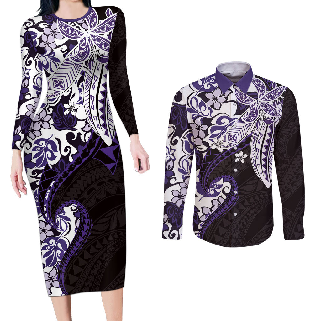 Monstera Plumeria Flowers Purple Couples Matching Long Sleeve Bodycon Dress and Long Sleeve Button Shirt Polynesian Pattern