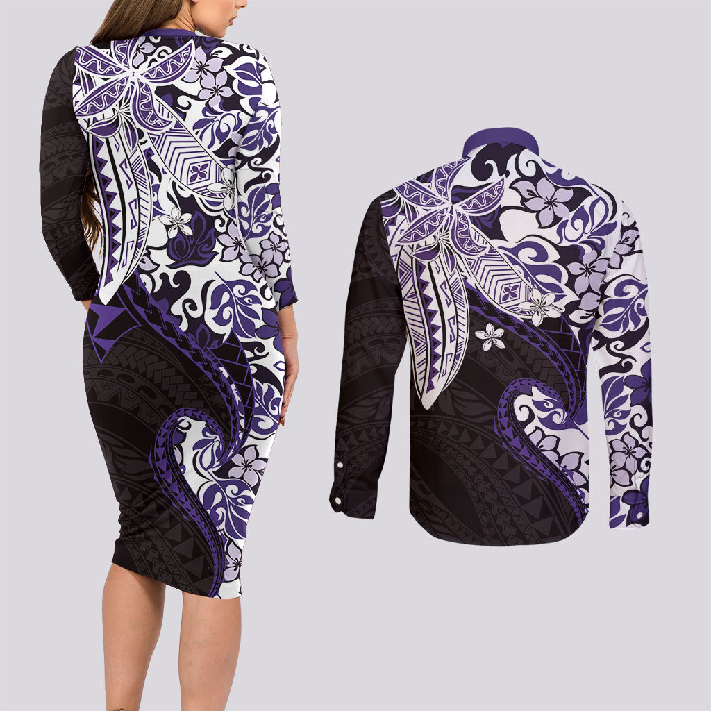 Monstera Plumeria Flowers Purple Couples Matching Long Sleeve Bodycon Dress and Long Sleeve Button Shirt Polynesian Pattern