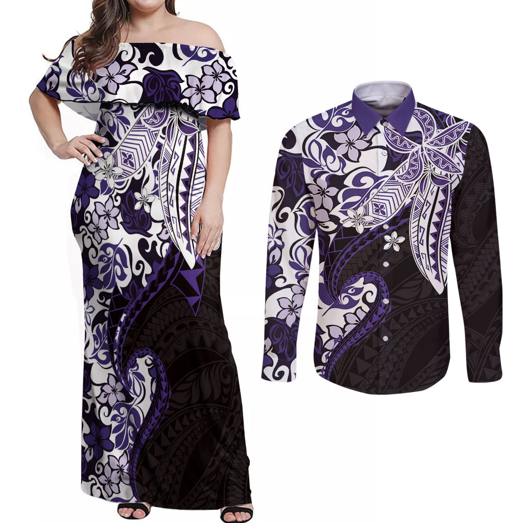Monstera Plumeria Flowers Purple Couples Matching Off Shoulder Maxi Dress and Long Sleeve Button Shirt Polynesian Pattern LT01 Purple - Polynesian Pride