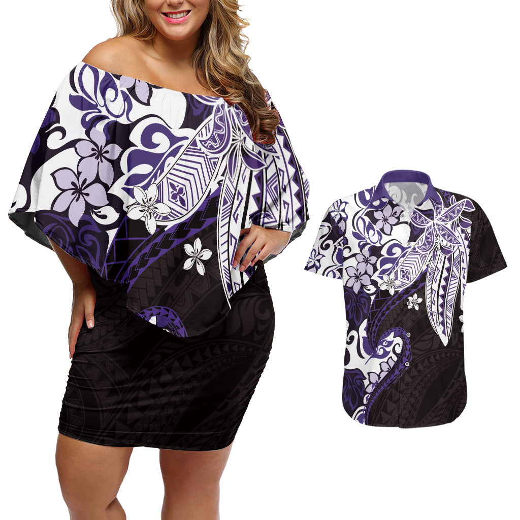 Monstera Plumeria Flowers Purple Couples Matching Off Shoulder Short Dress and Hawaiian Shirt Polynesian Pattern LT01 Purple - Polynesian Pride