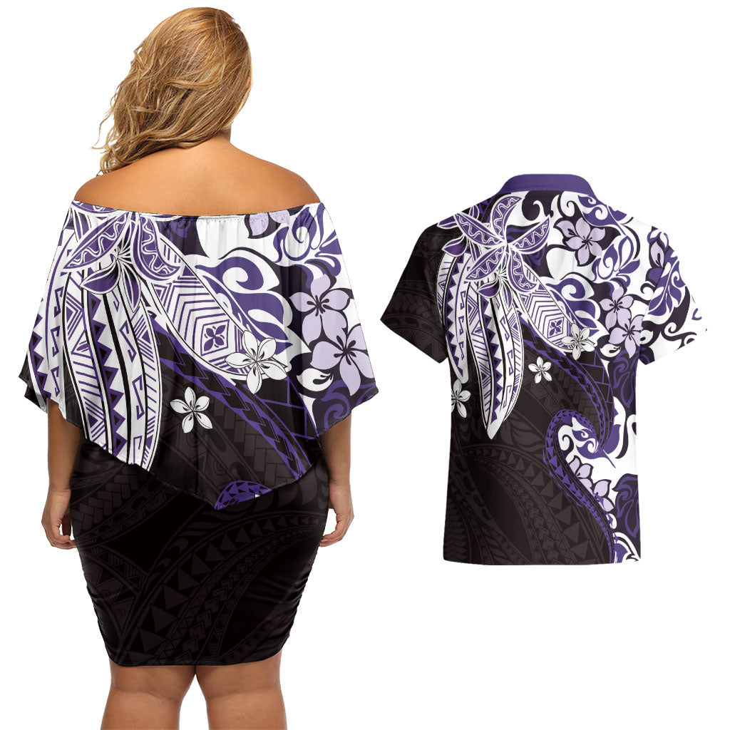 Monstera Plumeria Flowers Purple Couples Matching Off Shoulder Short Dress and Hawaiian Shirt Polynesian Pattern
