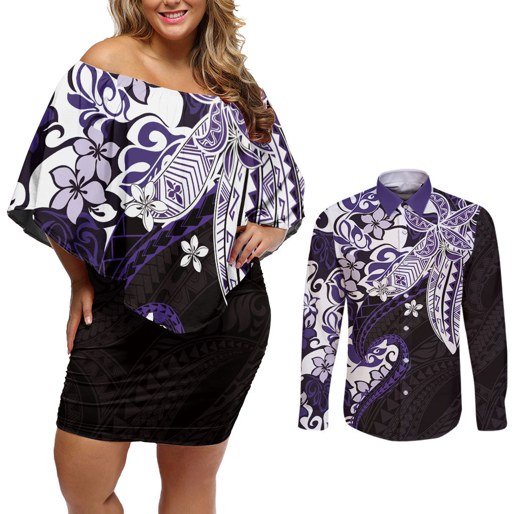 Monstera Plumeria Flowers Purple Couples Matching Off Shoulder Short Dress and Long Sleeve Button Shirt Polynesian Pattern LT01 Purple - Polynesian Pride