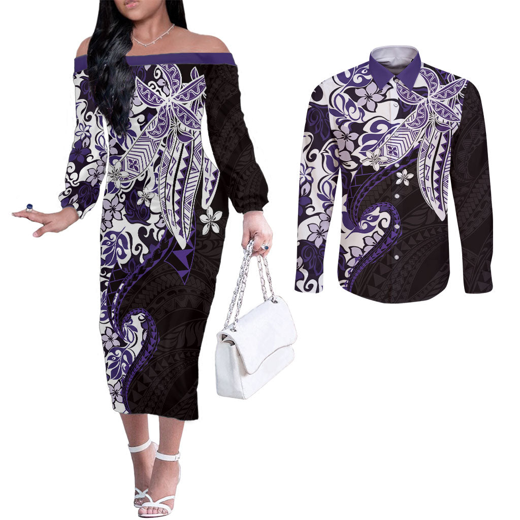Monstera Plumeria Flowers Purple Couples Matching Off The Shoulder Long Sleeve Dress and Long Sleeve Button Shirt Polynesian Pattern LT01 Purple - Polynesian Pride