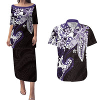 Monstera Plumeria Flowers Purple Couples Matching Puletasi and Hawaiian Shirt Polynesian Pattern LT01 Purple - Polynesian Pride