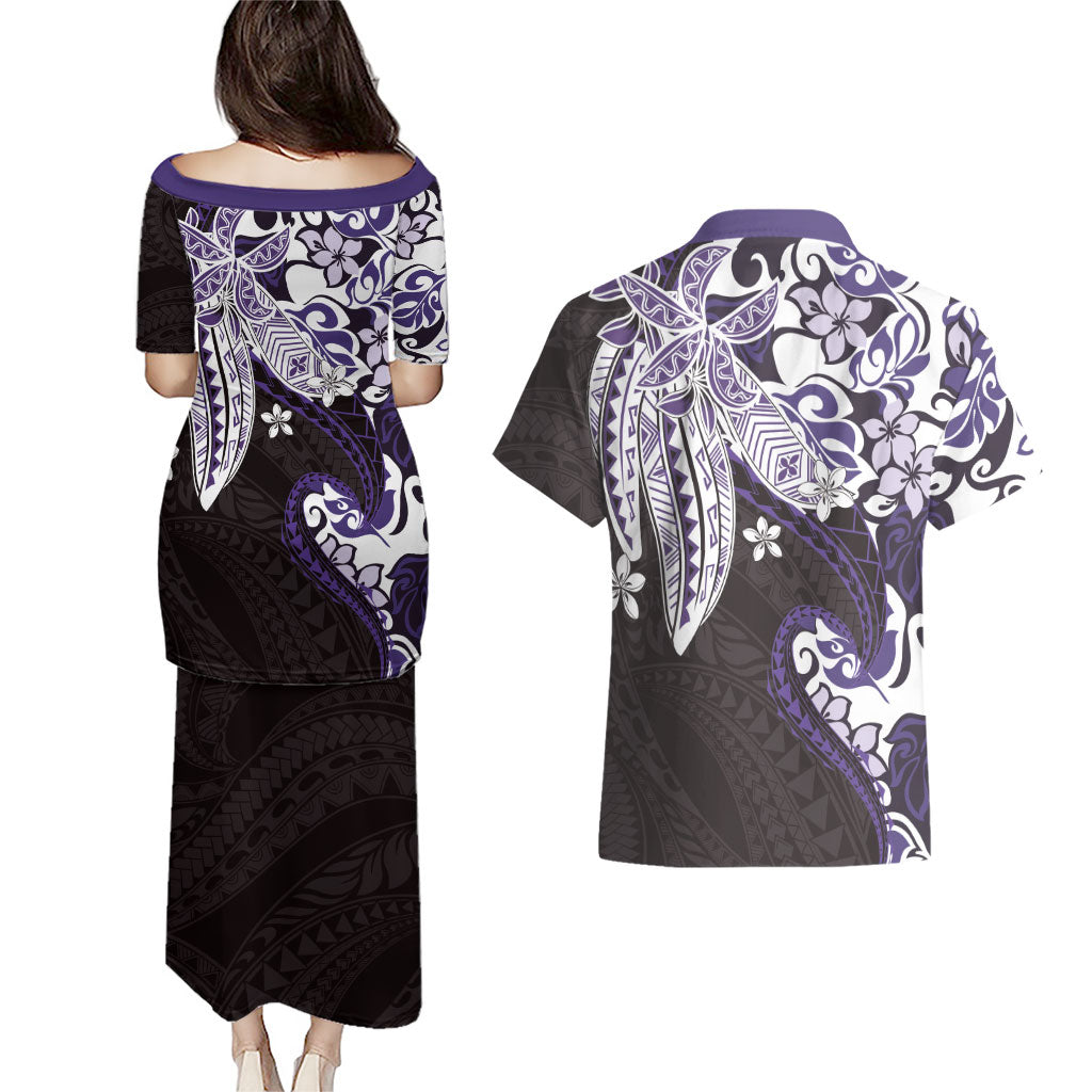 Monstera Plumeria Flowers Purple Couples Matching Puletasi and Hawaiian Shirt Polynesian Pattern LT01 - Polynesian Pride